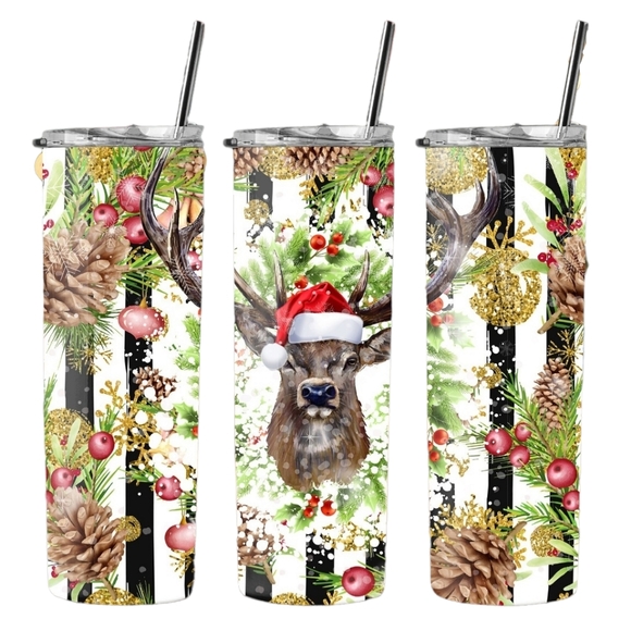 Christmas Deer 20oz Tumbler Santa Hat - Picture 3 of 3